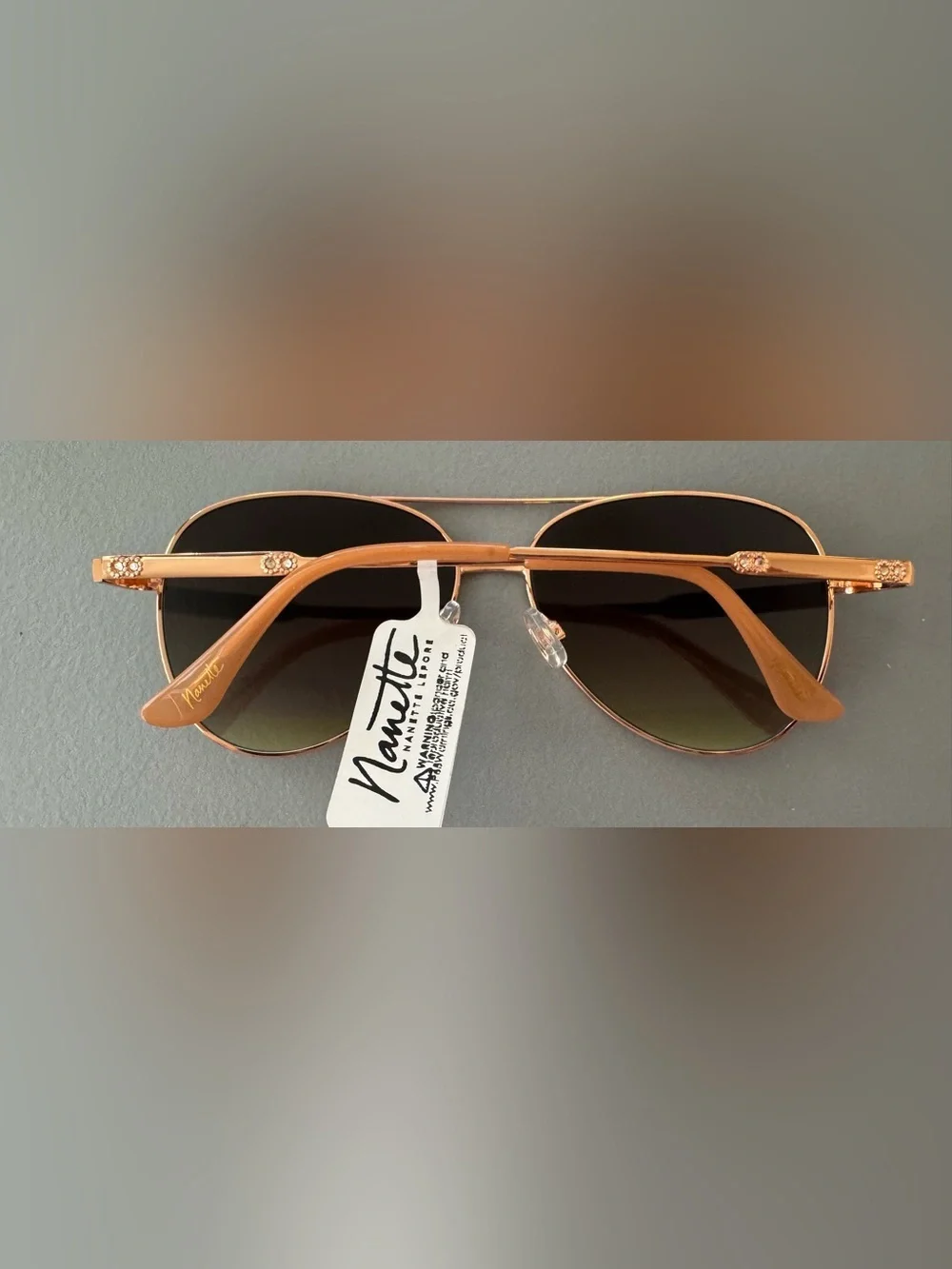 Nanette Lepore peach Rose Gold metal Frame Sunglasses Green Mirrored Lenses